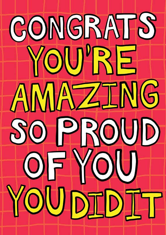 Pink greetings card with message: "CONGRATS YOU'RE AMAZING SO PROUD OF YOU YOU DID IT" - perfect for celebrating achievements.
