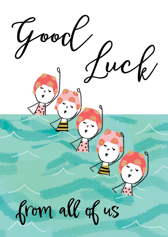 A playful A4 greetings card with three joyful girls splashing in water, radiating friendship and happiness. Ideal for sending good luck wishes.