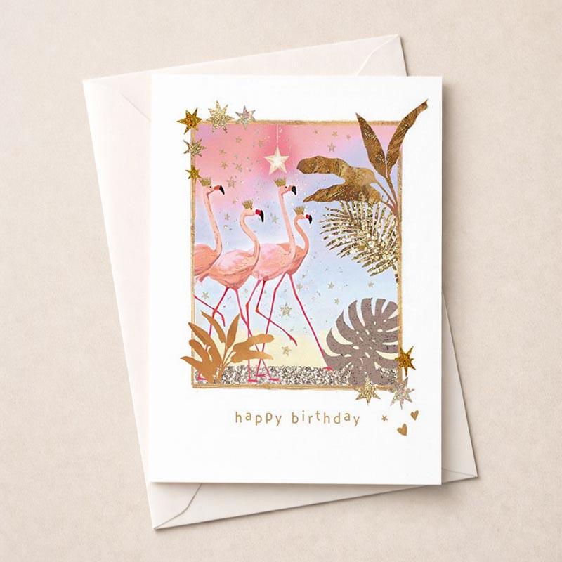 Bright and playful flamingo greetings card with three adorable flamingos and star design, perfect for adding tropical charm to any celebration.