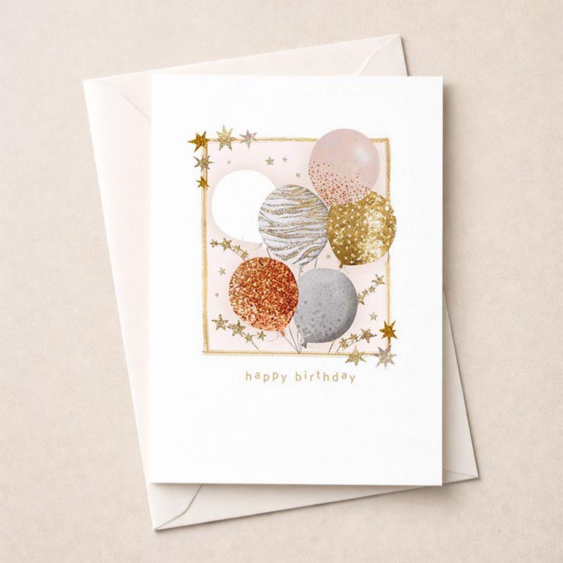 Bright and joyful birthday card with golden balloons and stars, perfect for spreading cheer to loved ones of all ages and genders.