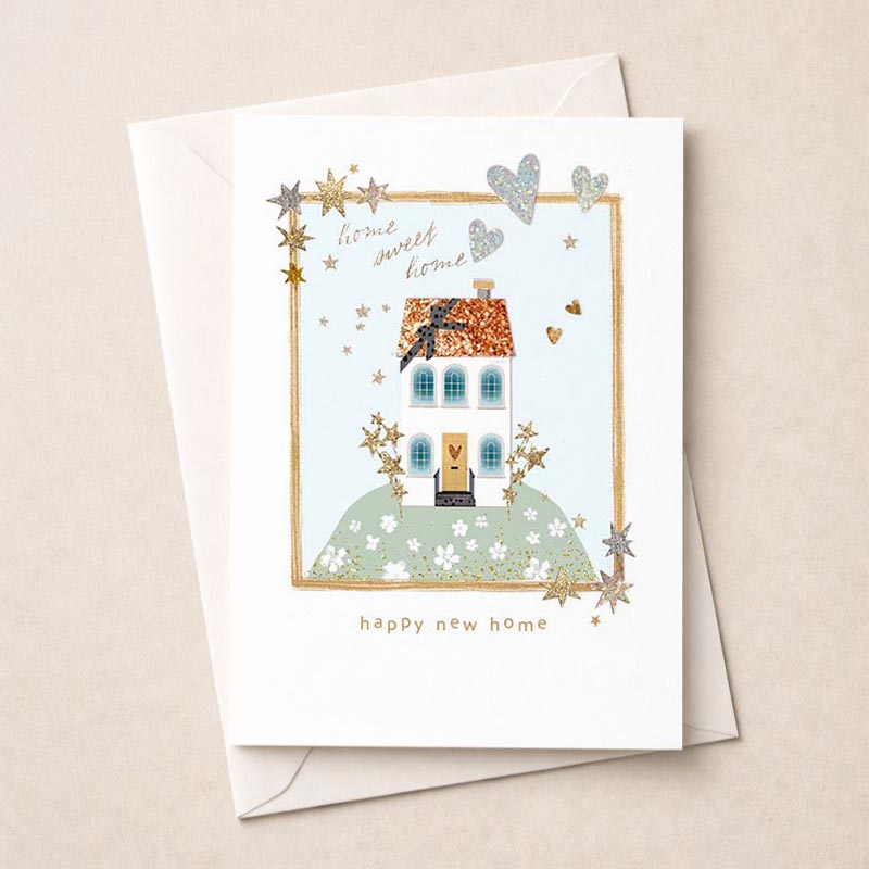 Festive greetings card featuring charming house under twinkling stars, perfect for spreading joy and cheer. Ideal for friends, family, or colleagues.