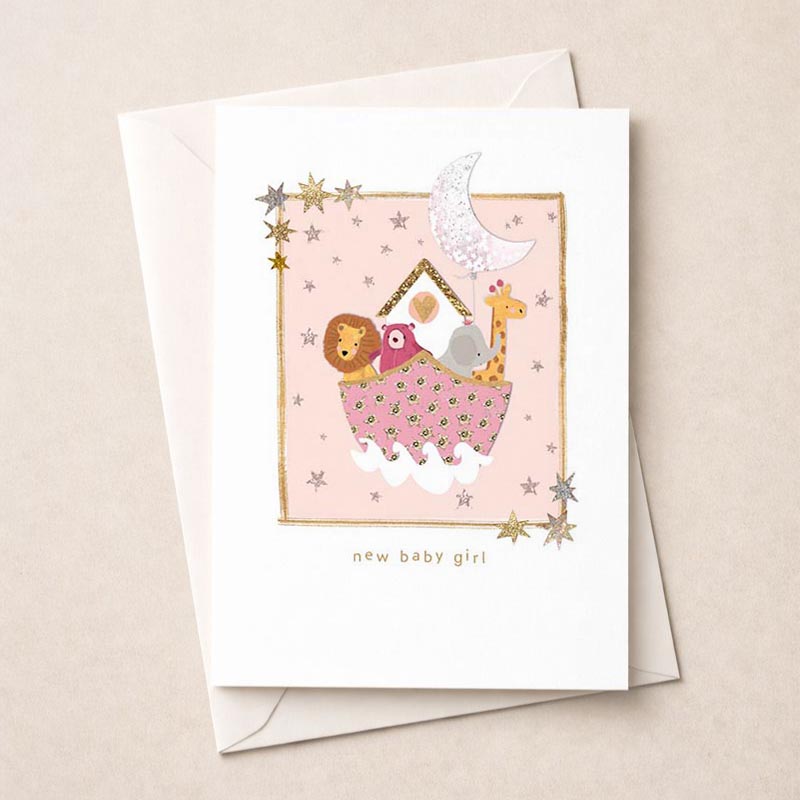 Adorable baby girl in boat with cute animals, perfect for new parents or welcoming a little one. Soft pink background with giraffe, elephant, and lion illustrations. Ideal for sending congratulations and well wishes. Brighten someone's day with this lovely card celebrating new beginnings.