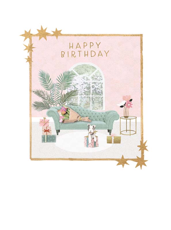 Charming birthday card with cute dog on couch, pastel colours and floral accents. Perfect for dog lovers and spreading joy.