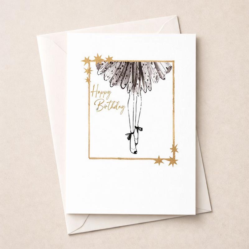 Charming birthday card with a drawing of a woman in a tutu, perfect for adding magic to someone's special day. Ideal for art and beauty lovers.