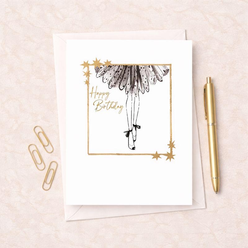 Charming birthday card with a drawing of a woman in a tutu, perfect for adding magic to someone's special day. Ideal for art and beauty lovers.