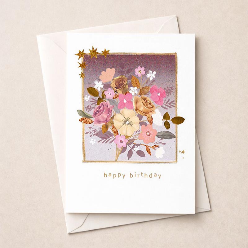 Floral card with stars and gold on a purple background, perfect for birthdays and special occasions.
