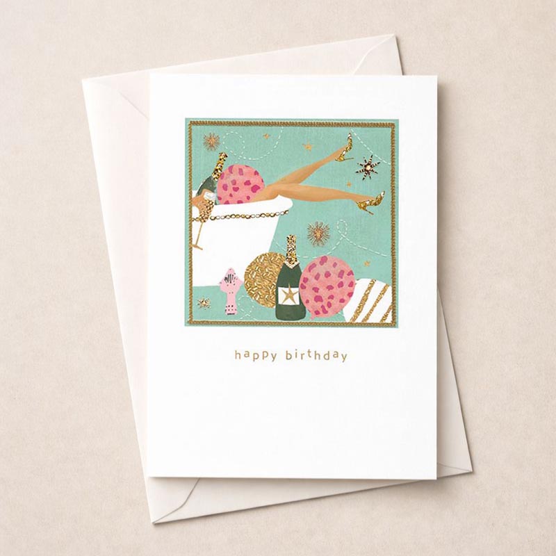 Charming greetings card: woman with cake &amp; champagne, perfect for birthdays or congratulations. Elegant design &amp; soft colours for a touch of sophistication. Ideal for showing you care &amp; making someone feel special. Spread cheer &amp; bring a smile!