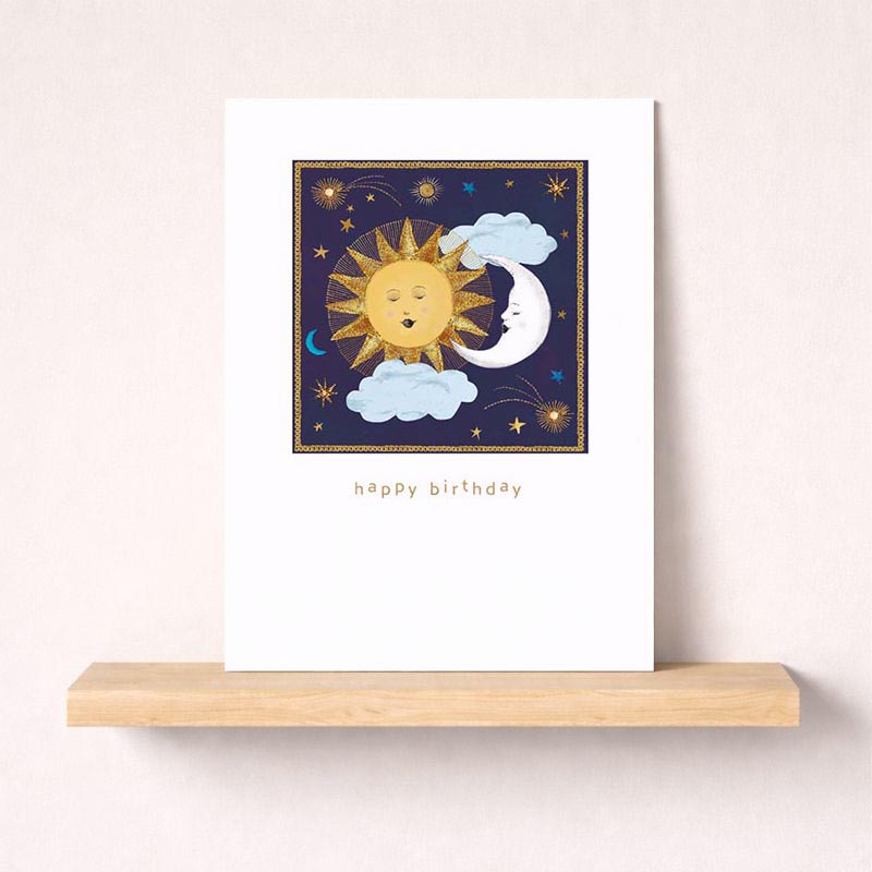 A charming sun and moon greetings card with fluffy clouds and stars on a serene blue background. Ideal for celestial theme lovers.