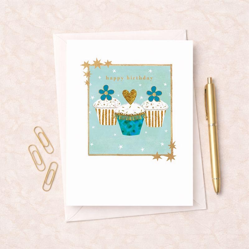 Charming cupcakes card with heart to celebrate special occasions. Gold and blue design adds elegance. Perfect for birthdays, anniversaries, or just to brighten someone's day.