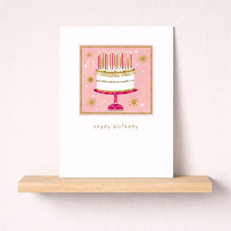 Bright pink greetings card with a cake and candles, perfect for a special birthday celebration.