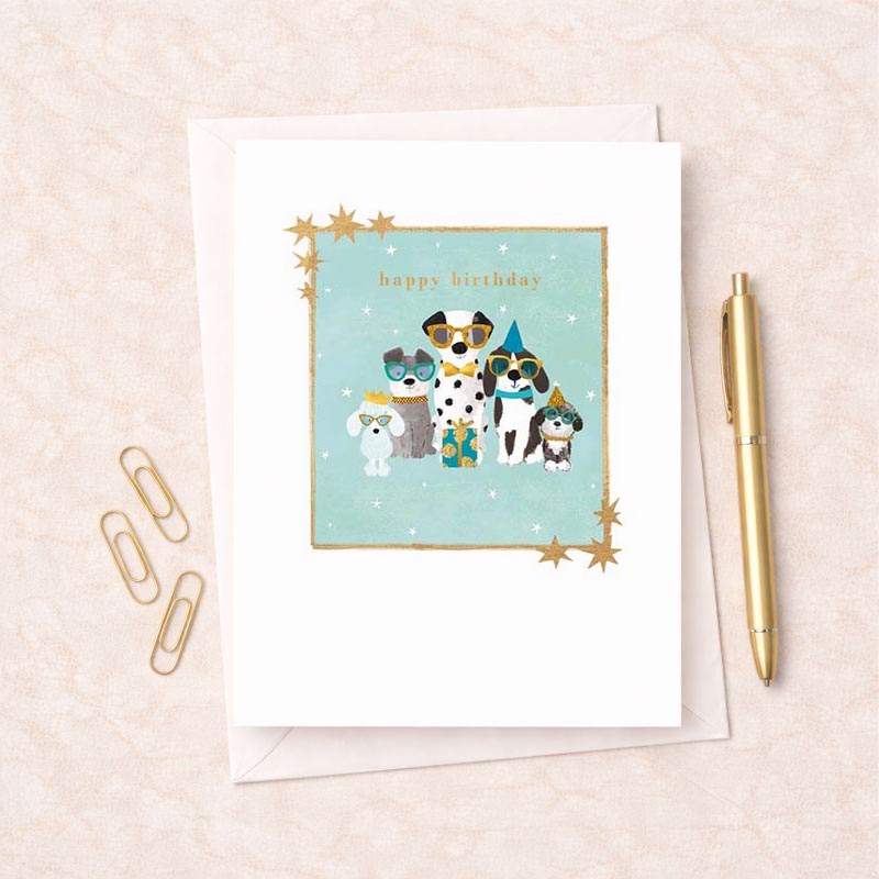 Birthday card with cute dog and cat duo in party hats, perfect for animal lovers. Spread the love and send warm wishes!