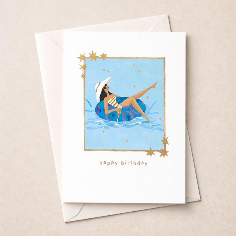 Cheerful greetings card of a woman in a swimsuit on a raft, perfect for sunny day vibes.