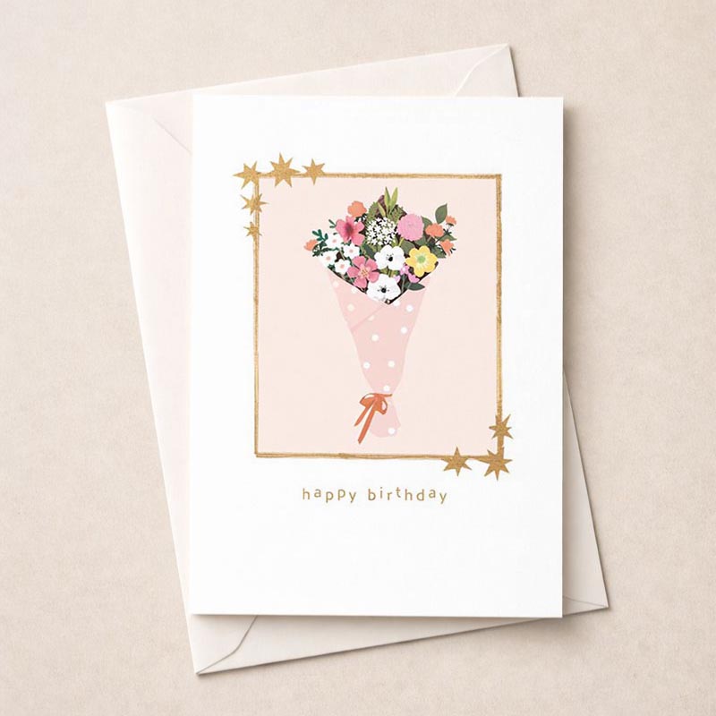 Pink birthday card with floral bouquet illustration on a pink background. Ideal for birthdays, anniversaries, or sending greetings to loved ones.