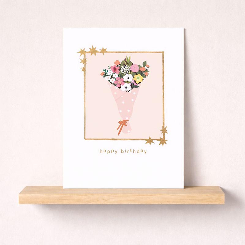 Pink birthday card with floral bouquet illustration on a pink background. Ideal for birthdays, anniversaries, or sending greetings to loved ones.