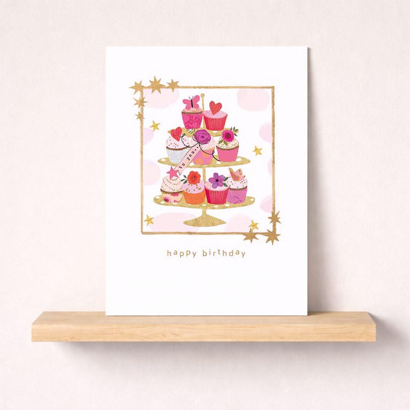Bright and cheerful birthday greetings card with cupcakes and stars. Perfect for spreading joy and warm wishes.