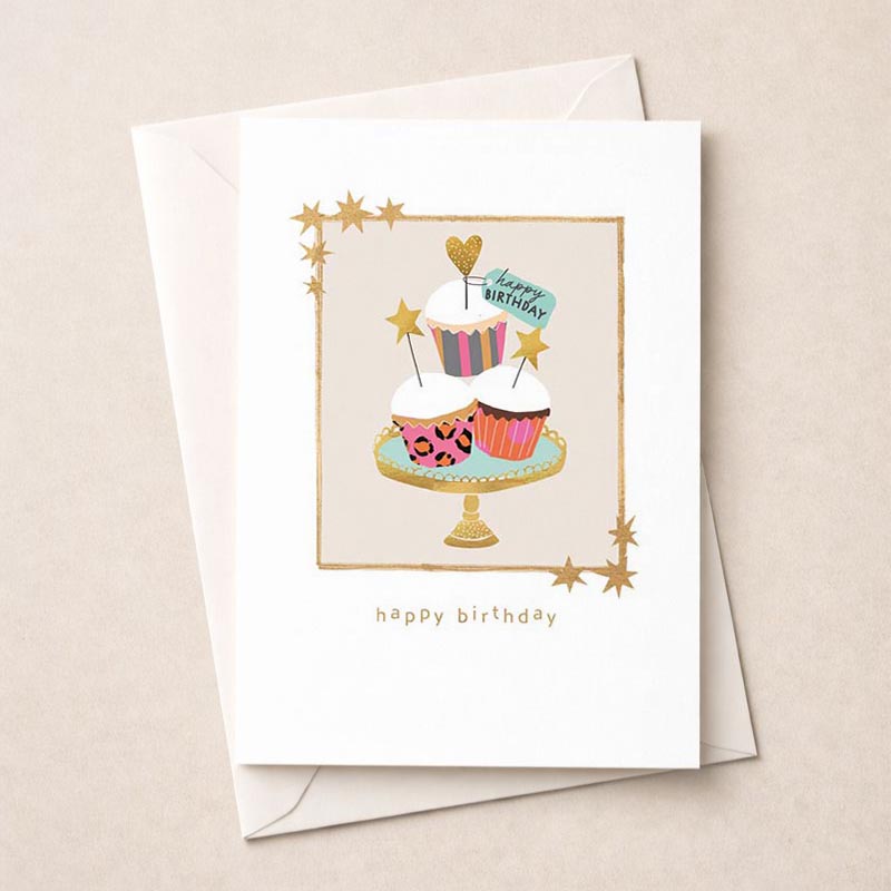 Cheerful birthday card with a cute cupcake and 'Happy Birthday' sign, perfect for spreading joy to loved ones.