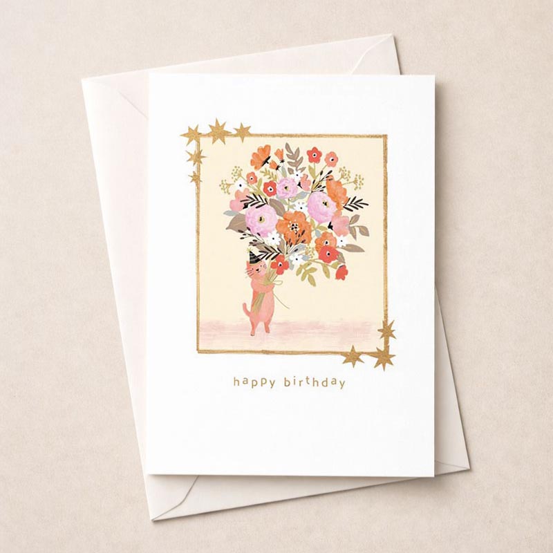 Charming cat card with flowers, perfect for sending warm greetings to a friend or cat-lover.