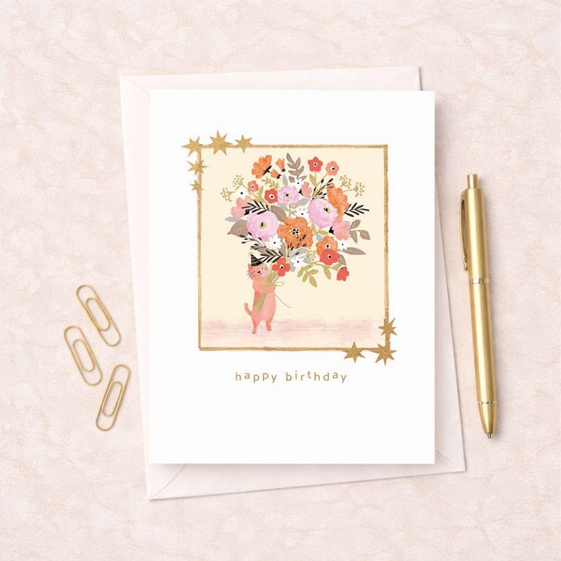 Charming cat card with flowers, perfect for sending warm greetings to a friend or cat-lover.