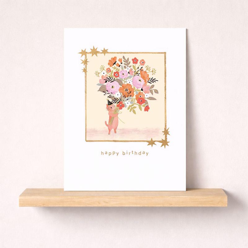 Charming cat card with flowers, perfect for sending warm greetings to a friend or cat-lover.