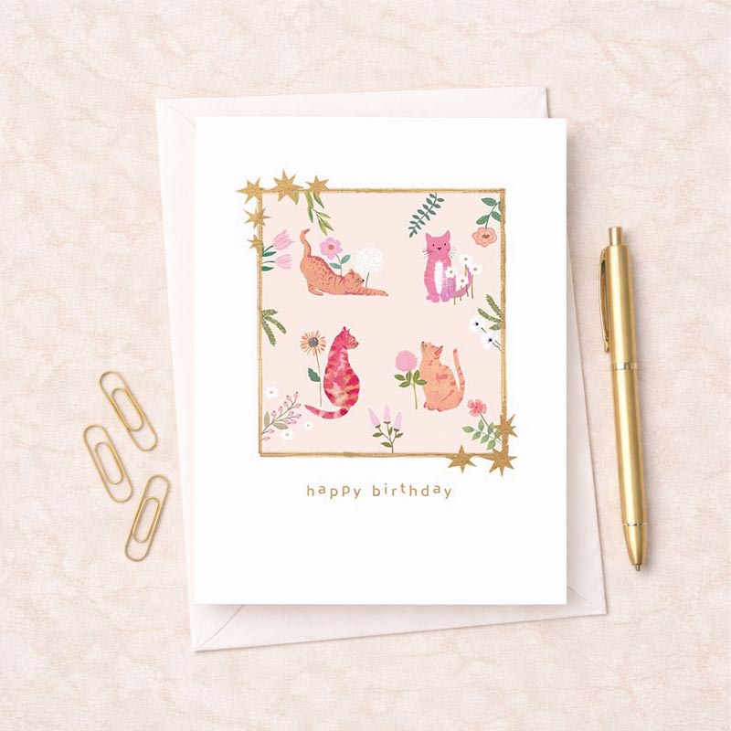 Pink birthday card with cute cats, flowers, and gold accents. Perfect for cat lovers and anyone who appreciates sweetness. Spread joy and warmth.
