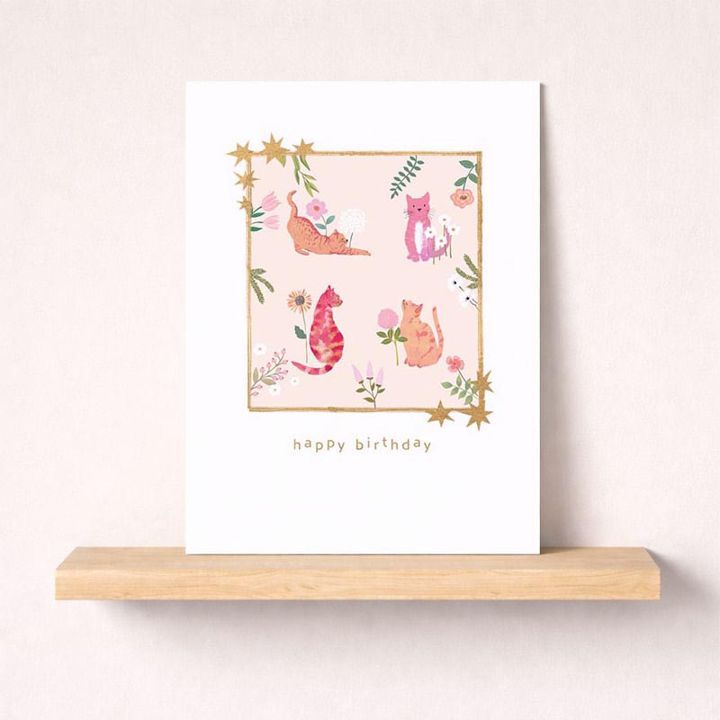 Pink birthday card with cute cats, flowers, and gold accents. Perfect for cat lovers and anyone who appreciates sweetness. Spread joy and warmth.