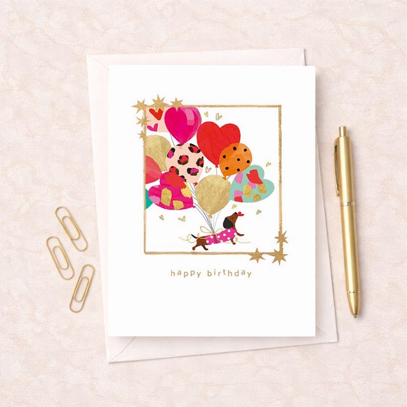 Cheerful dog with balloons card, perfect for birthdays or to brighten someone's day. Ideal for dog lovers or kids.