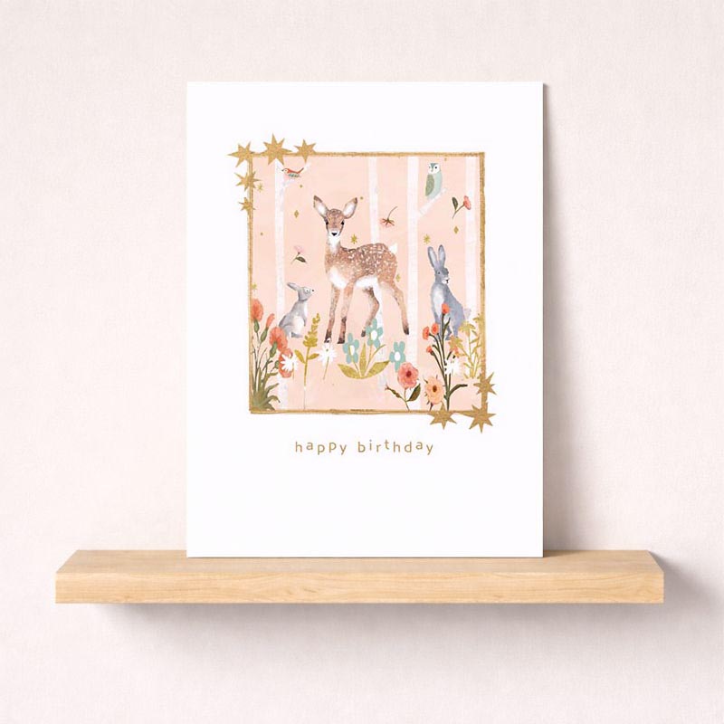 Nature-themed greetings card with deer, rabbit, and bird in floral frame. Perfect for nature lovers and animal enthusiasts.