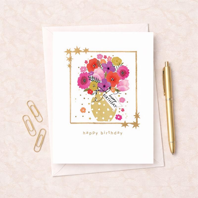 Bright and cheerful birthday greetings card with vase of flowers, exuding warmth and happiness. Perfect for sending best wishes to loved ones.