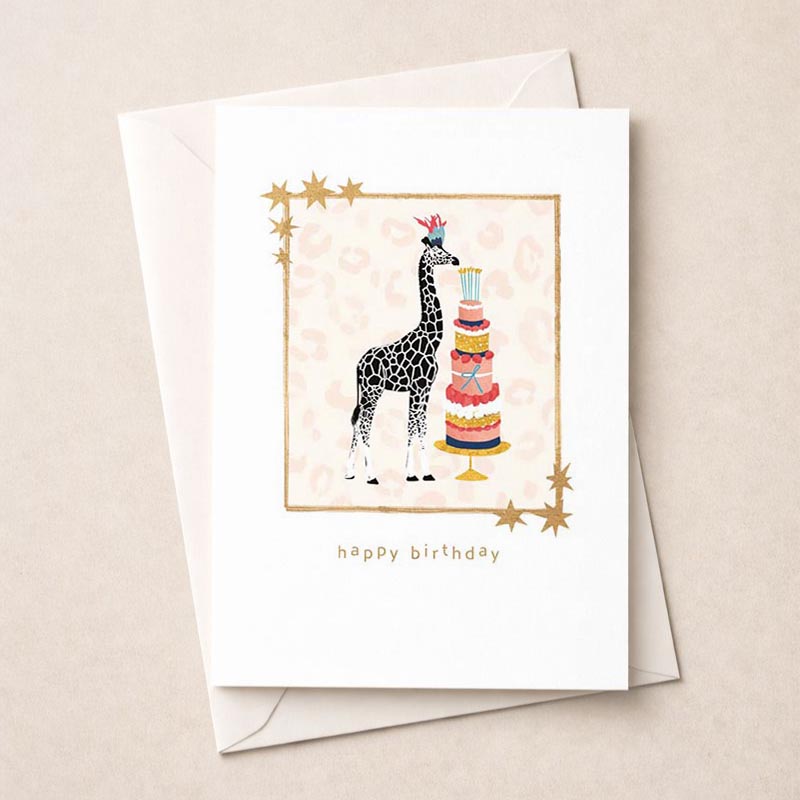 Cheerful giraffe birthday card with cake, perfect for animal lovers or those who enjoy whimsy. Brighten someone's day with this heartwarming design.