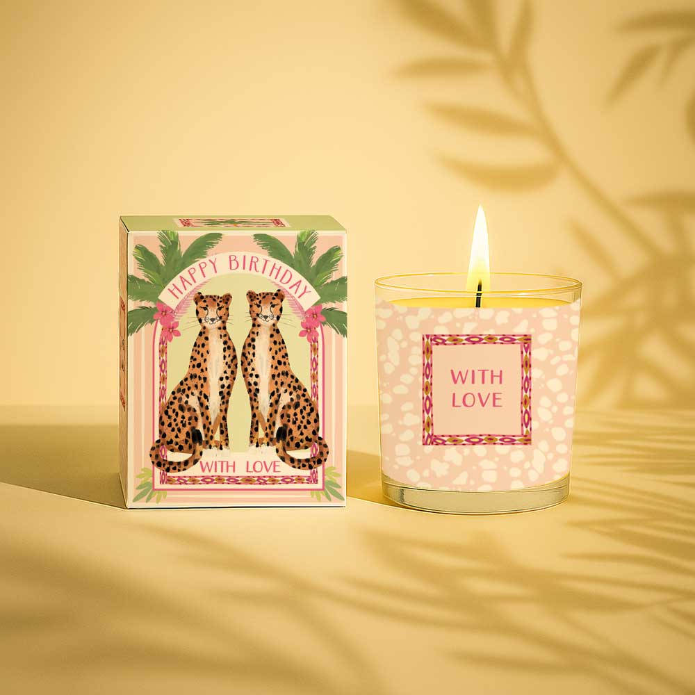 Birthday candle with cheetah design on box and with love label on glass