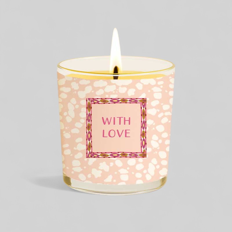 Birthday candle with cheetah design on box and with love label on glass