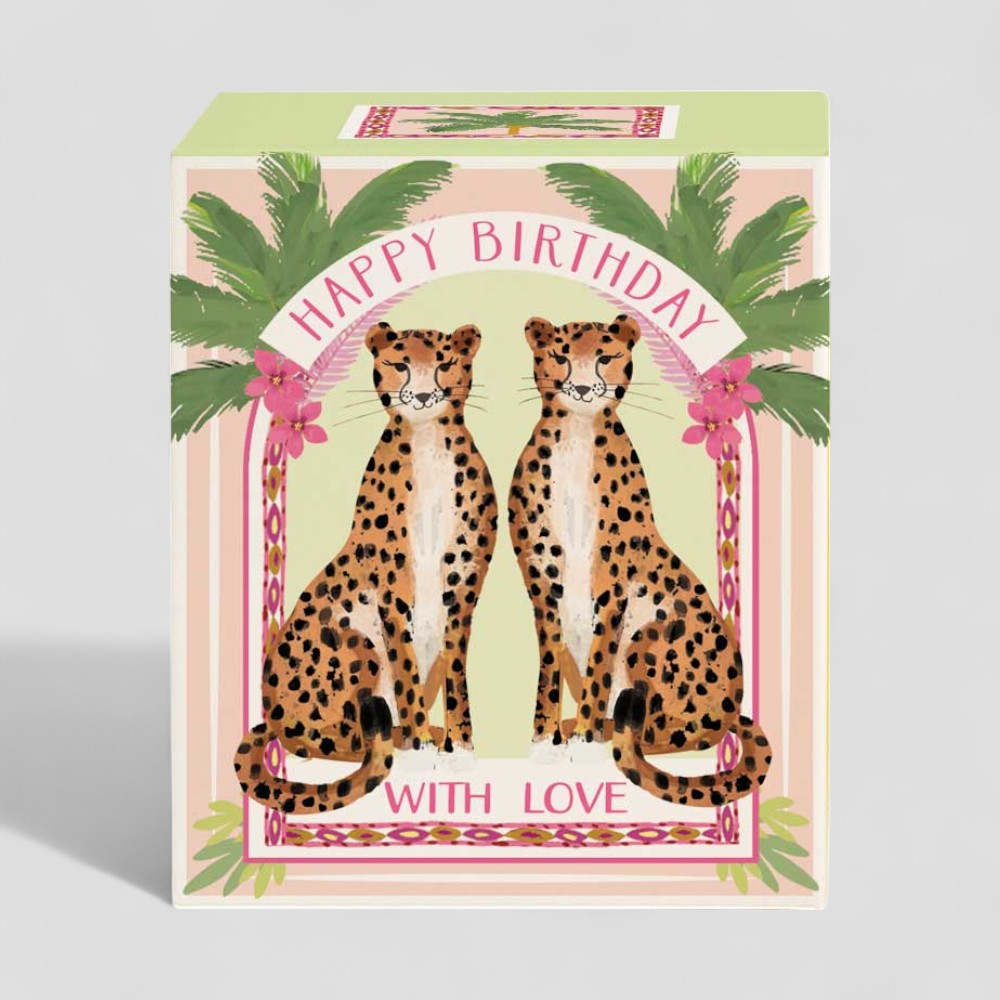 Birthday candle with cheetah design on box and with love label on glass