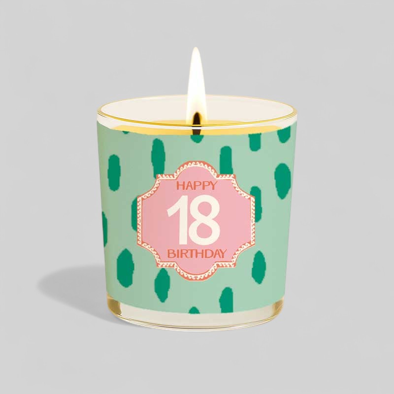 Lit yellow candle and box with Happy 18th Birthday design on pale blue background