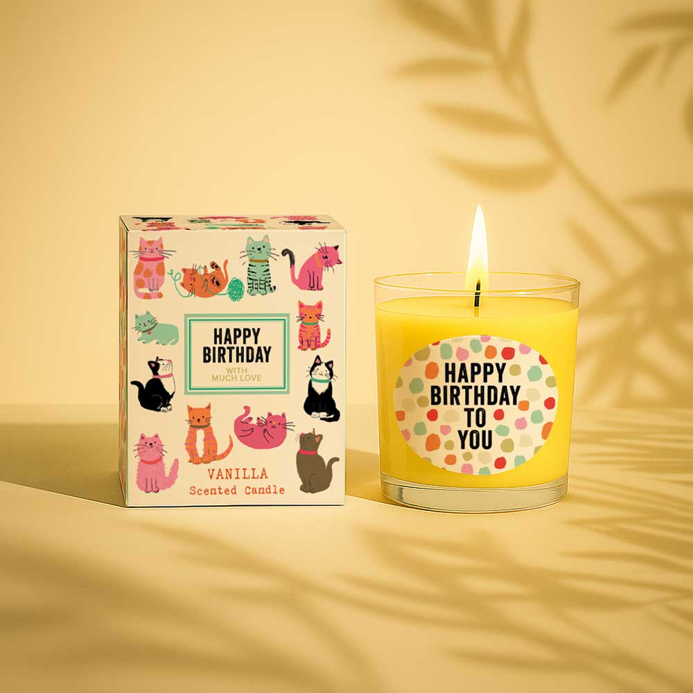 Vanilla scented birthday candle with colourful cat illustrations on the box and candle label