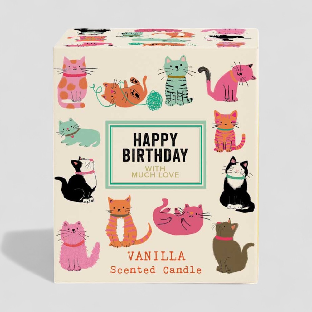 Vanilla scented birthday candle with colourful cat illustrations on the box and candle label