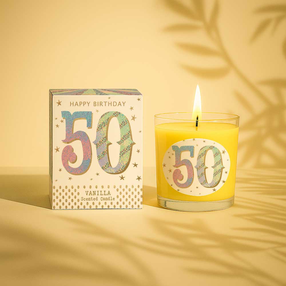 Vanilla scented birthday candle with number 50 on glass and box