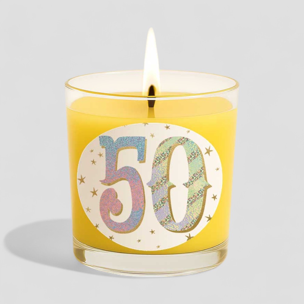 Vanilla scented birthday candle with number 50 on glass and box