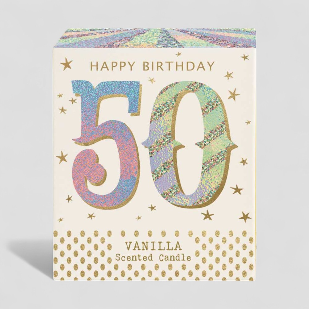 Vanilla scented birthday candle with number 50 on glass and box