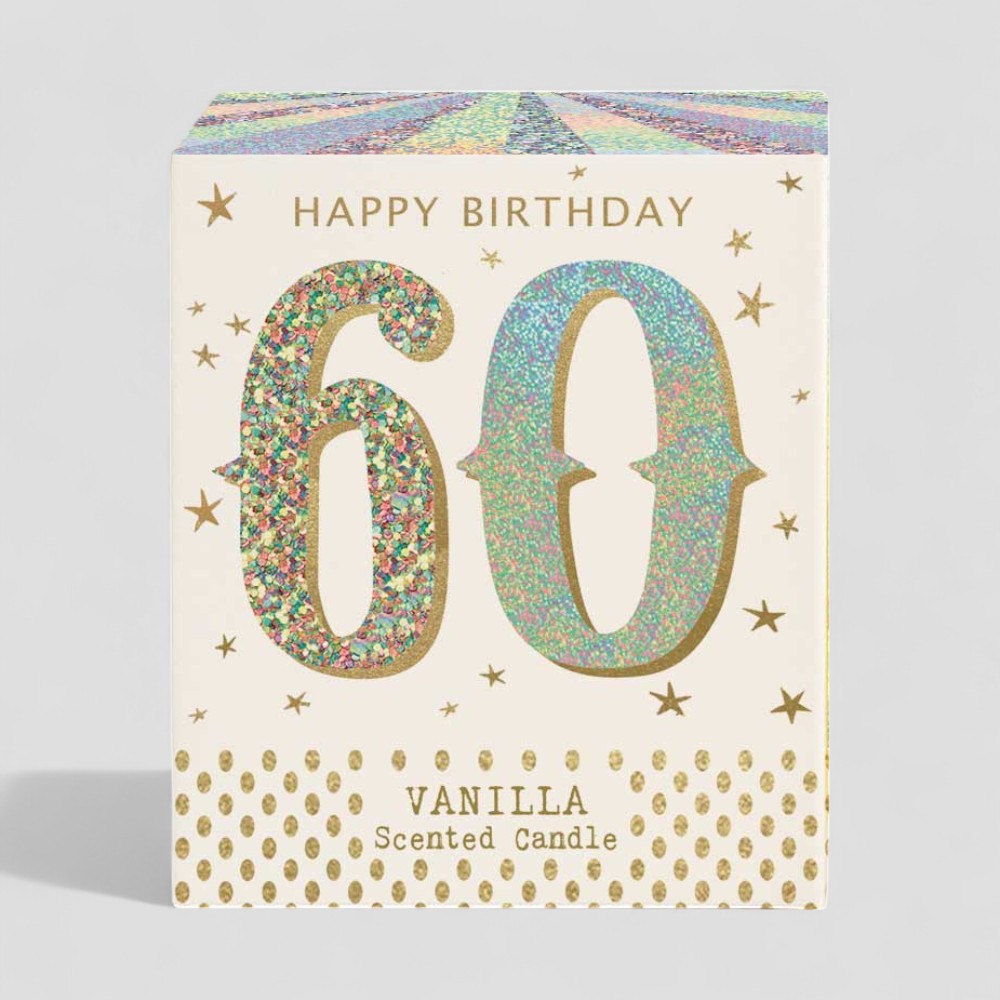 Vanilla scented birthday candle with glittery 60 on box and glass burning