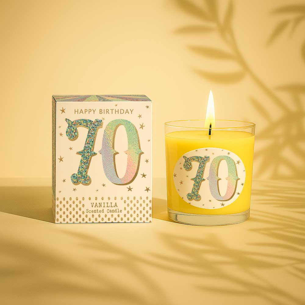 Lit vanilla scented candle with 70 birthday design and matching box
