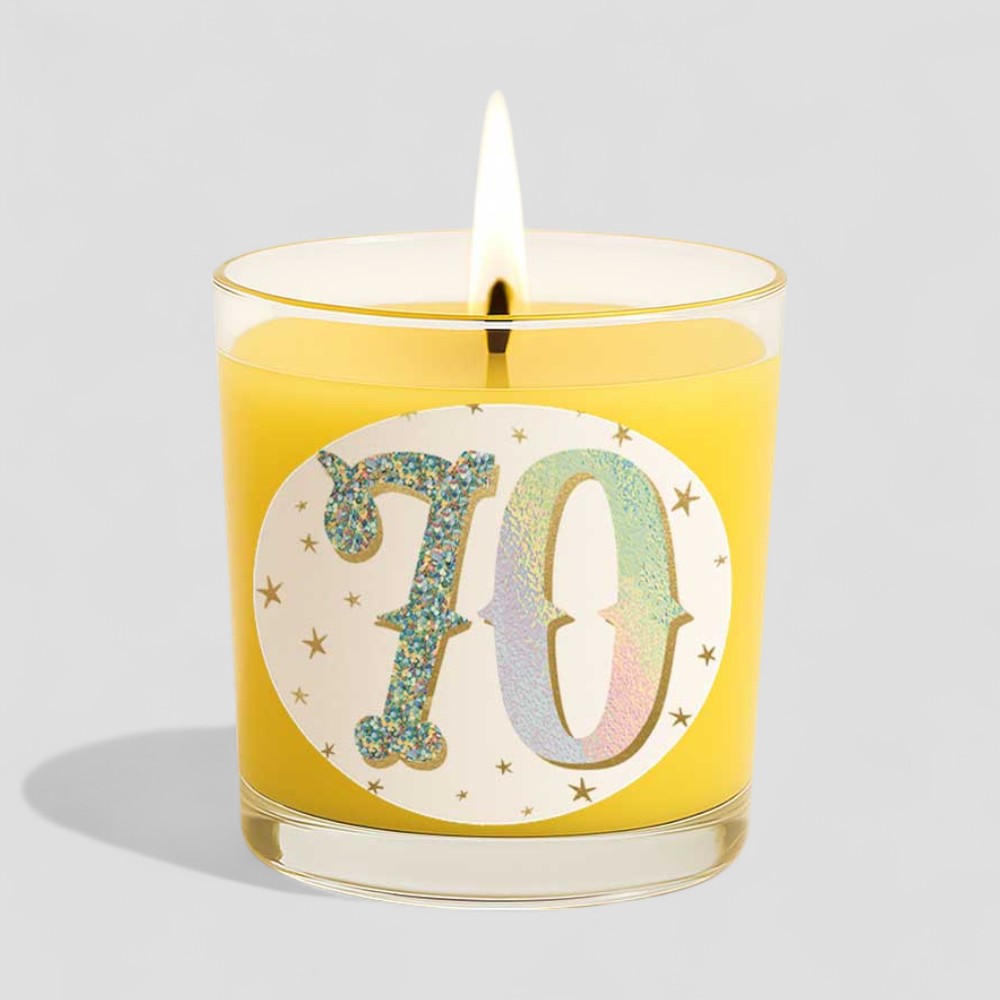 Lit vanilla scented candle with 70 birthday design and matching box