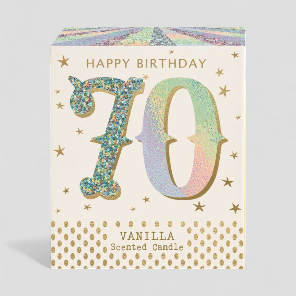 Lit vanilla scented candle with 70 birthday design and matching box