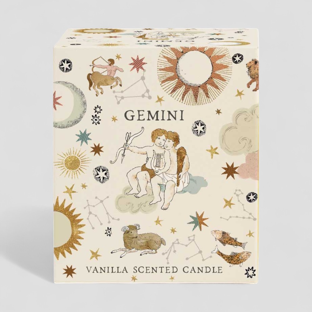 Gemini vanilla scented candle with zodiac twin design and matching box