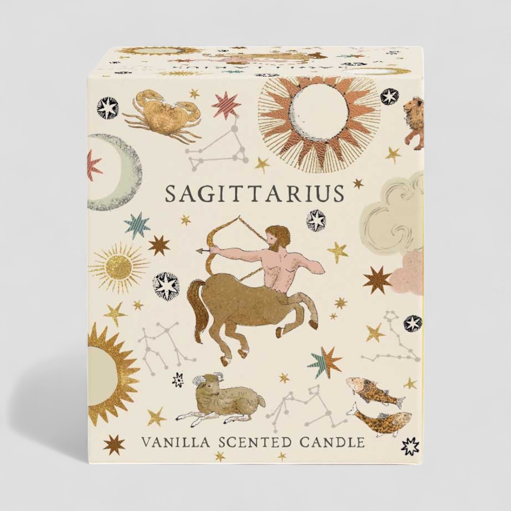 Sagittarius vanilla scented candle with zodiac design in glass and box set