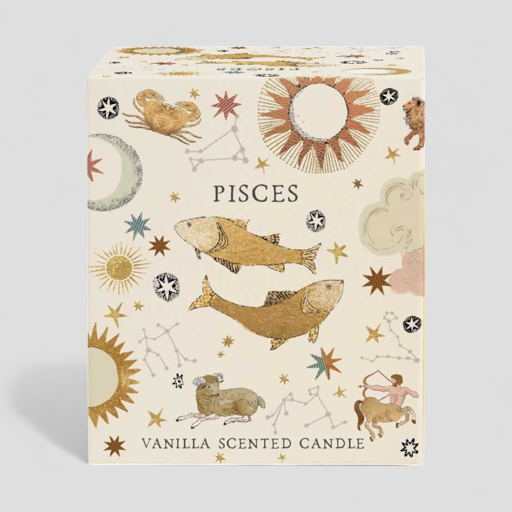 Lit vanilla scented candle in glass with Pisces zodiac sign and matching box