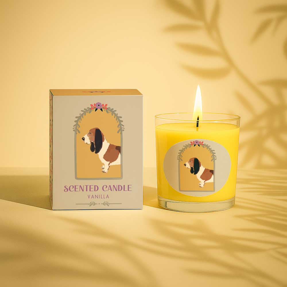 Vanilla scented candle with dog illustration on glass and box