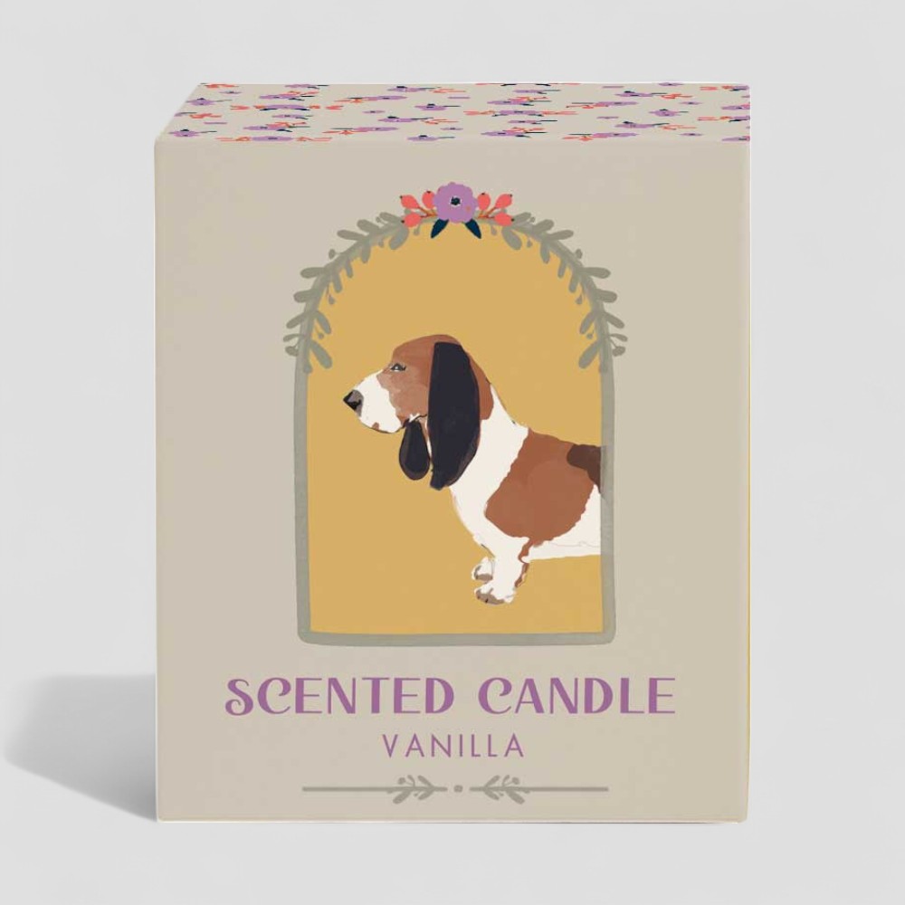 Vanilla scented candle with dog illustration on glass and box