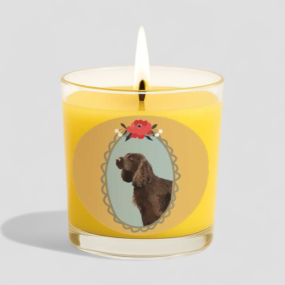 Vanilla scented candle with dog illustration on glass and matching box packaging.