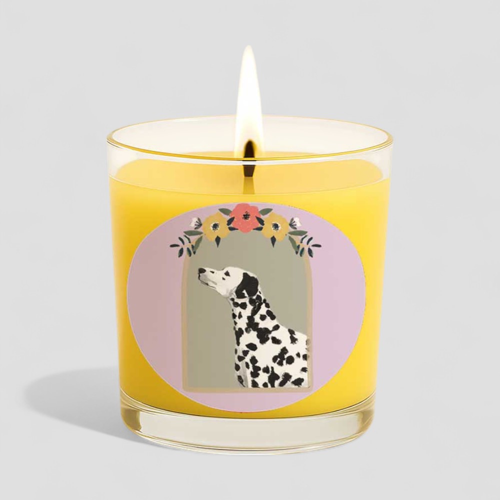 Lit vanilla scented candle with Dalmatian dog design and matching box
