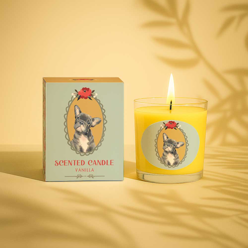 Vanilla scented candle in glass with dog illustration on label and matching box
